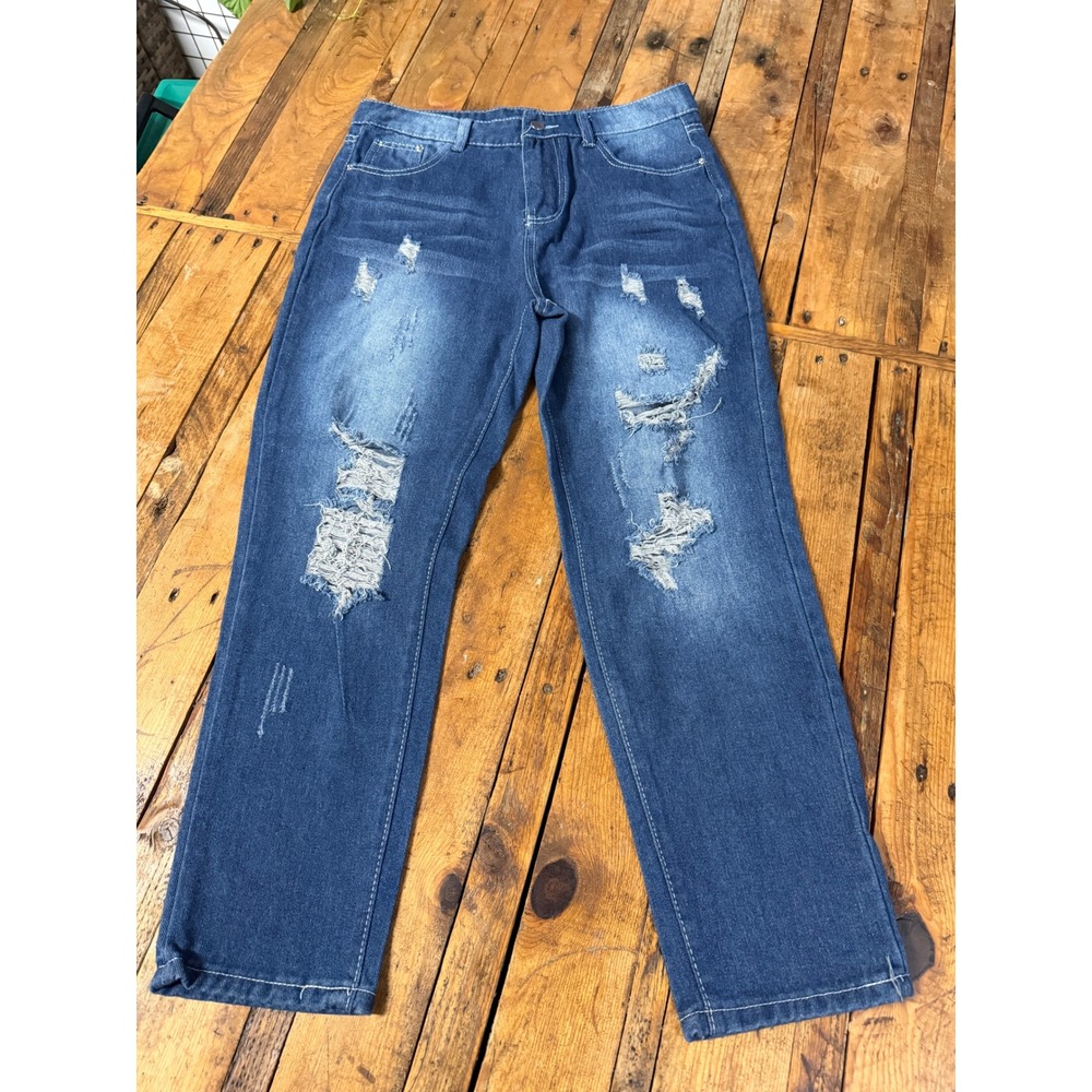 Distressed Straight Leg Jeans Womens L Blue Ripped Grunge Y2K Casual Denim